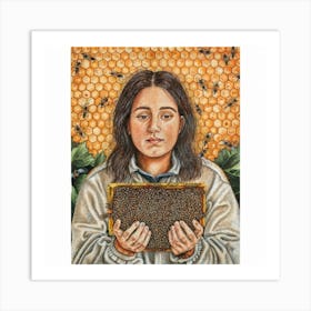 a detailed and evocative portrait of a beekeeper, surrounded by buzzing bees and honeycombs, capturing the essence of sustainable and nature-connected living. This unique and visually compelling art print is perfect for beekeeping enthusiasts and those who appreciate the harmony between humans and nature, adding a touch of ecological awareness to home decor. Art Print