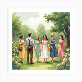 English Garden Party With Romanian Guests, Painted In Soft Watercolor Tones 1 Art Print