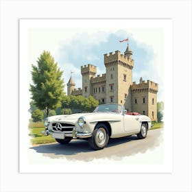 Retro Car Parked In Front Of An Old Castle, Watercolor Painting 1 Art Print