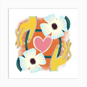 White Flowers Held By Hands With Love  Square Art Print