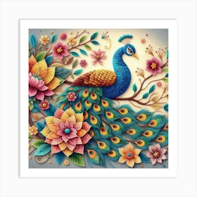 Peacock on flower branch 1 Art Print