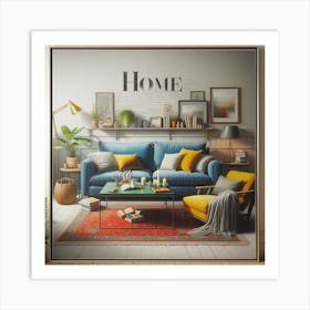 Home Sweet Home: A Realistic Painting of a Living Room Interior with a Typography Background Art Print