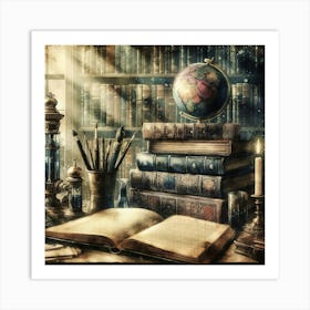 Library With Books And Globe Art Print