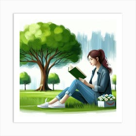 Girl Reading A Book In The Park Art Print