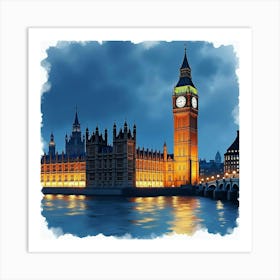 Watercolor Depiction Of The Houses Of Parliament Illuminated At Night, With Big Ben Standing Tall Art Print