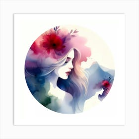 Watercolor Of A Girl With Flowers 3 Art Print