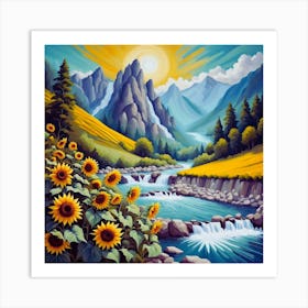 Sunflowers In The Mountains landscape Art Print