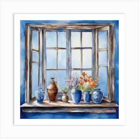 Blue wall. Open window. From inside an old-style room. Silver in the middle. There are several small pottery jars next to the window. There are flowers in the jars Spring oil colors. Wall painting.60 Art Print