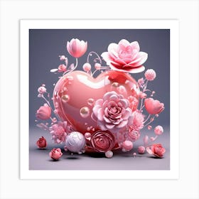 Pink Heart With Flowers Art Print