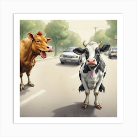 Cows On The Road Art Print