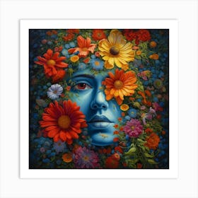 Blue Face With Flowers Art Print