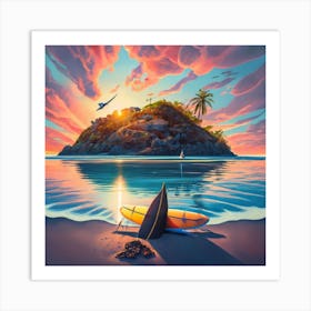 A wonderful view of the seashore and an island appearing on the horizon at sunset Art Print