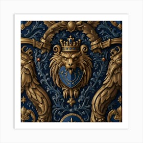 A mesmerizing coat of arms, featuring a striking eye at its center, is primarily adorned in the regal color of midnight blue. Two majestic griffins stand proudly on either side, with crossed weapons beneath them, all against a background shield. This detailed image, reminiscent of a medieval painting, exudes a sense of power and mystery. The craftsmanship is impeccable, with intricate details that command attention. The rich hues and intricate design make it a truly captivating and commanding piece of art. Art Print