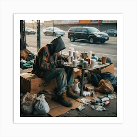 Homeless Man Sitting At Table Art Print