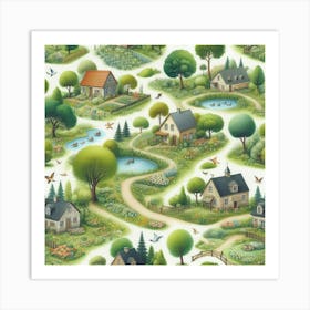 Summer Green Village On White Art Print