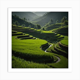 A Tranquil Rice Terrace In Southeast Asia With Lush Green Paddies And A Blue Sky Art Print