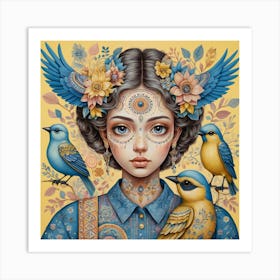 Woman With Birds Art Print