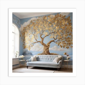 Golden leaves with blue background Art Print