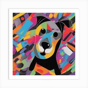 An Image Of A Dog With Letters On A Black Background, In The Style Of Bold Lines, Vivid Colors, Grap (1) Art Print