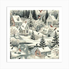 Winter Village In The Forest Art Print