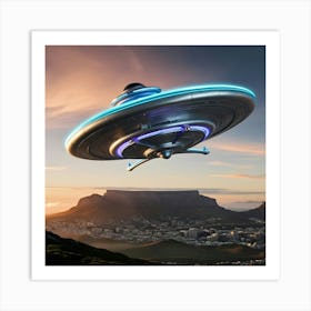 A Futuristic Silver And Neolith Alien Spaceship Over Table Mountain 1 Art Print