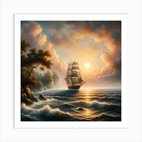 Sailing Ship At Sunset Dreamscape Art Print