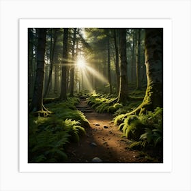 A Tranquil Forest Path With Sunlight Streaming Through The Trees And A Carpet Of Moss Art Print