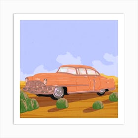 Pink car in desert, classic car, landscape, American, illustration, wall art Art Print