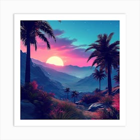 Sunset In The Mountains, Tropical Landscape With Palm Trees, blue sky, wall art, trees, and sun. good look, Art Print