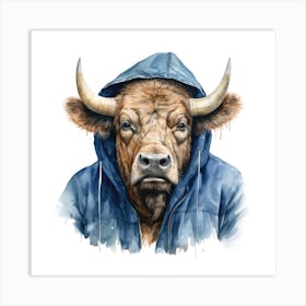 Watercolour Cartoon Buffalo In A Hoodie 1 Art Print