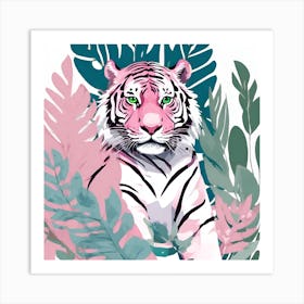 Pink Tiger Green Leaves 1 Art Print