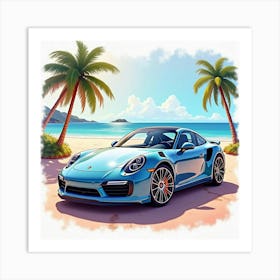 Porsche 911 Turbo S Surrounded By A Colorful Watercolor Beach Setting Art Print