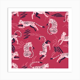 Pink Tiger Pattern On Viva Magenta With Floral Decoration Square Art Print