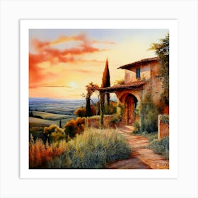 Watercolor Tuscan Villa Vibrant Colours Sunset Pale Blue Sky Shades Of Terracotta Olive Green Art Print