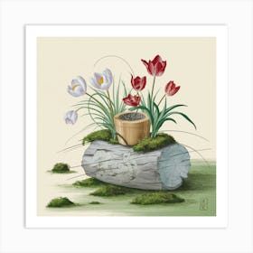 Tulips On A Log Art Print