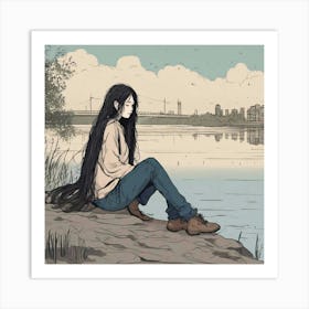 Girl Sitting By The River Art Print