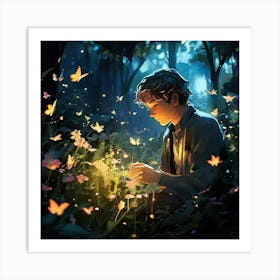 A Serene Garden Filled With Bioluminescent Plants And Trees Where Softly Glowing Robotic Butterflies Art Print