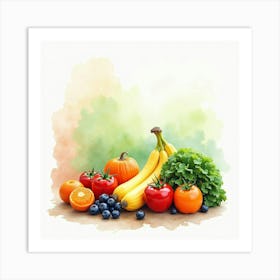 Artistic Watercolor Depiction Of Colorful Fruits And Veggies With A Dreamy Background 1 Art Print