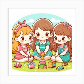 Three Little Girls Playing With Toys Art Print