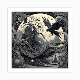 Crow And Maiden In The Night Art Print