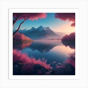 Pink Trees By The Lake Art Print