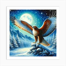 Oil Texture Winter Hawk In The Moonlight Art Print