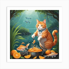 Albedobase Xl An Orange Cat Cooks A Fish In The Nature 3 Art Print