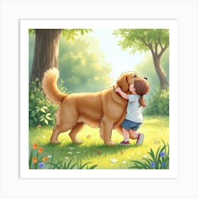 A Playful Golden Retriever With A Child In A Sunlit Garden, Watercolor 1 Art Print