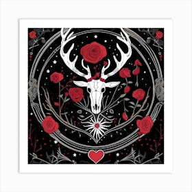 Deer Skull With Red Roses Art Print