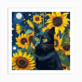 van gogh Sunflowers Cat Art Print