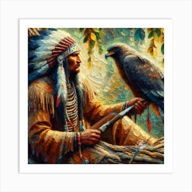 Oil Texture Native American Indian And Hawk 4 Copy Art Print