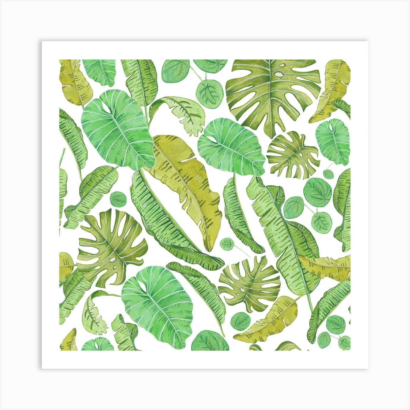 Beautiful Watercolor Tropical Leaves Pattern Square Art Print By Gulsen Gunel - Fy