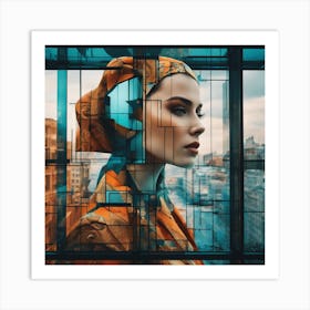 A Woman S Head Shows Through The Window Of A City, In The Style Of Multi Layered Geometry, Egyptian (1) Art Print