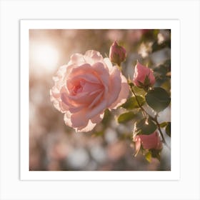 A Blooming Rose Blossom Tree With Petals Gently Falling In The Breeze Art Print